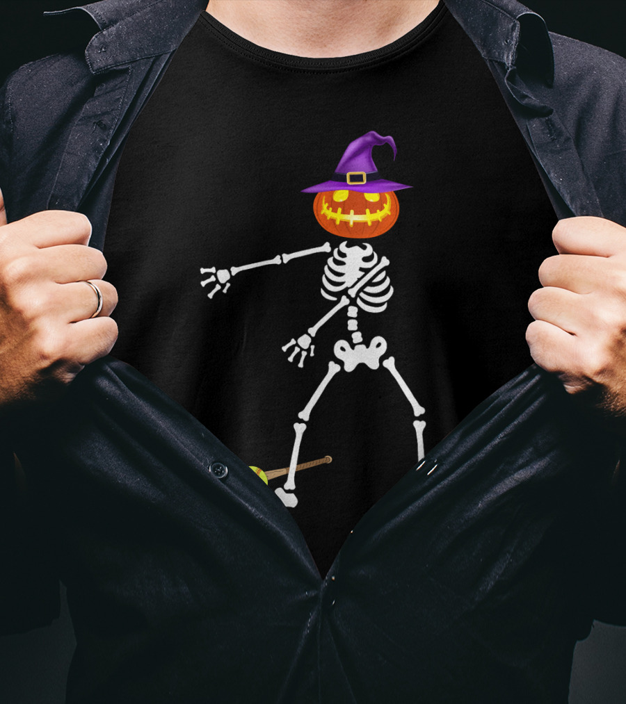 Skeleton Pumpkin Witch Performing Floss Dance With Softball Bat T-Shirt