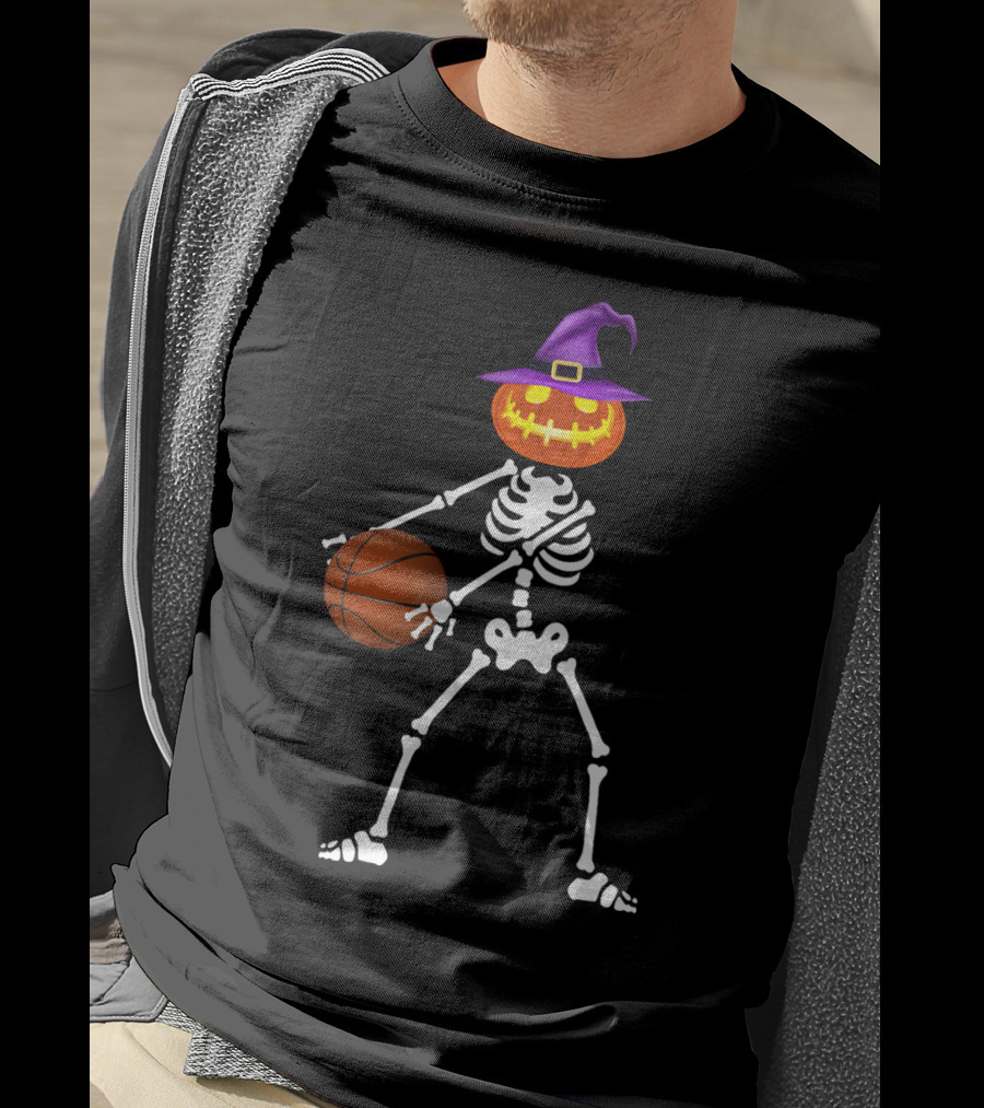 Skeleton Pumpkin Witch Basketball Flossing Dance Halloween Costume T-Shirt
