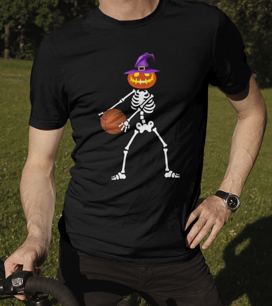 Skeleton Pumpkin Witch Basketball Flossing Dance Halloween Costume T-Shirt