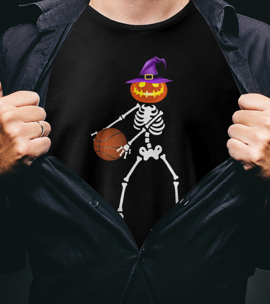 Skeleton Pumpkin Witch Basketball Flossing Dance Halloween Costume T-Shirt