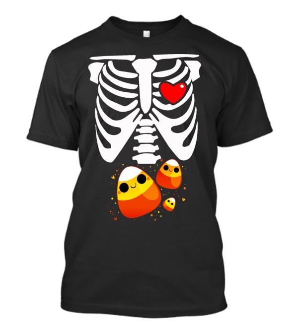 Skeleton Ribs Heart With Cute Candy Corn Halloween Food T-Shirt