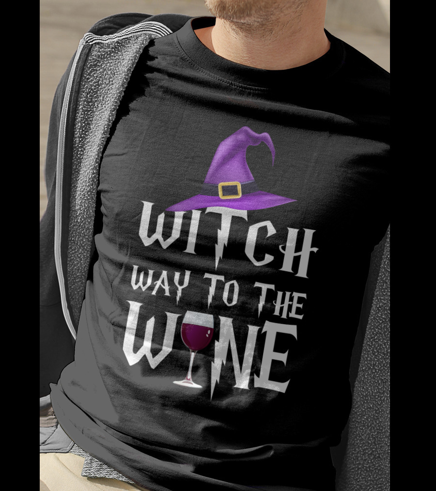 Purple Witch Hat And Wine Glass With Witch Way To The Wine Text In Lightning Font T-Shirt