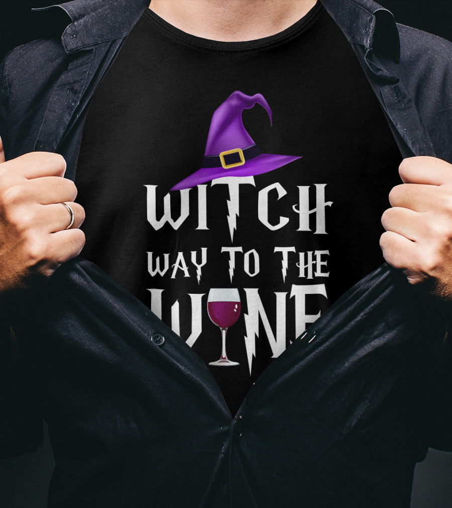 Purple Witch Hat And Wine Glass With Witch Way To The Wine Text In Lightning Font T-Shirt