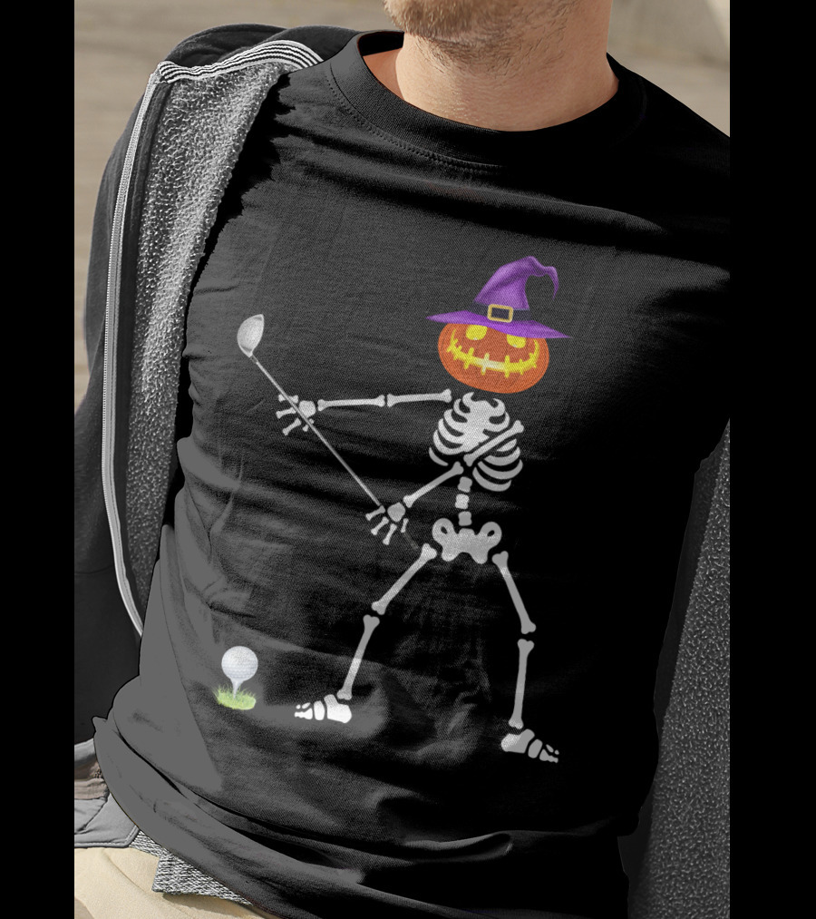Golf Skeleton With Witch Pumpkin Head Halloween Lazy T-Shirt