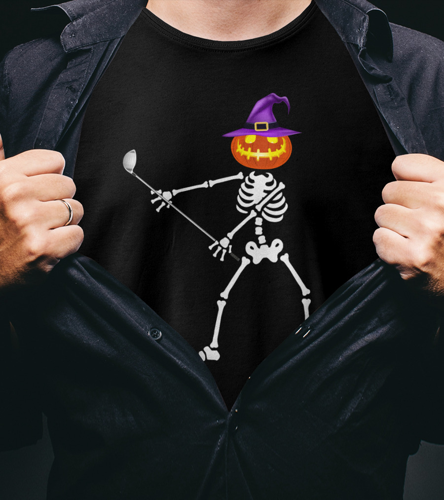 Golf Skeleton With Witch Pumpkin Head Halloween Lazy T-Shirt