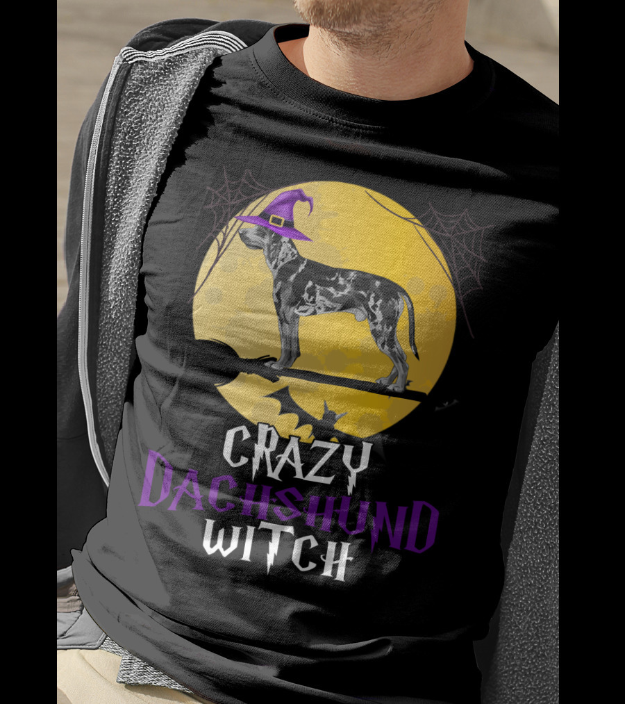 Crazy Dachshund Witch Dog With Purple Hat And Broom Halloween T-Shirt