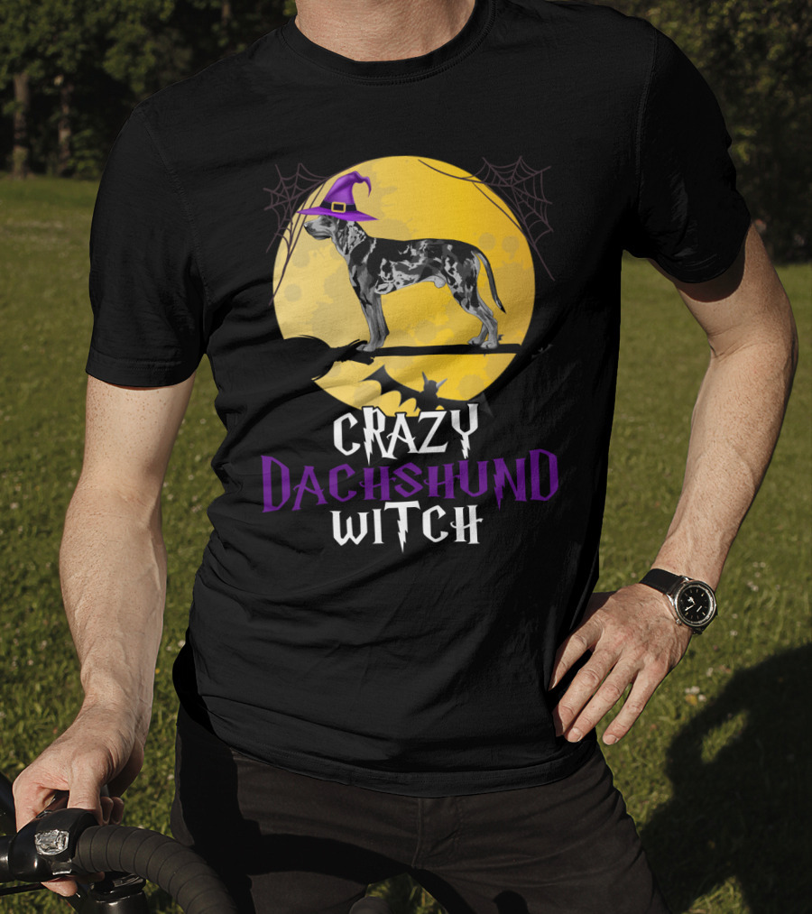Crazy Dachshund Witch Dog With Purple Hat And Broom Halloween T-Shirt