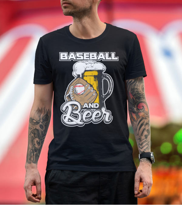 Premium T-Shirt: BASEBALL AND BEER Glove Pint Glass Foam T-Shirt BASEBALL AND BEER Glove Pint Glass Foam T-Shirt