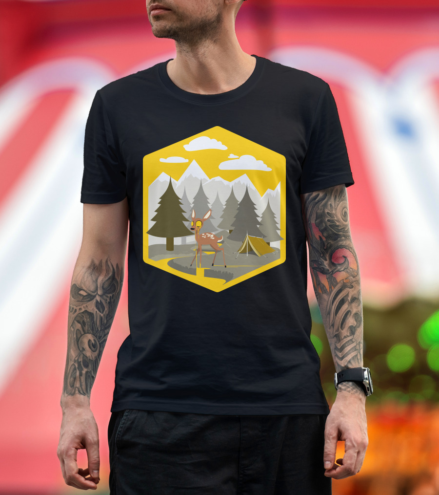 Ohh My Dear Forest Camping Adventure with Deer and Tent in Mountains T-Shirt