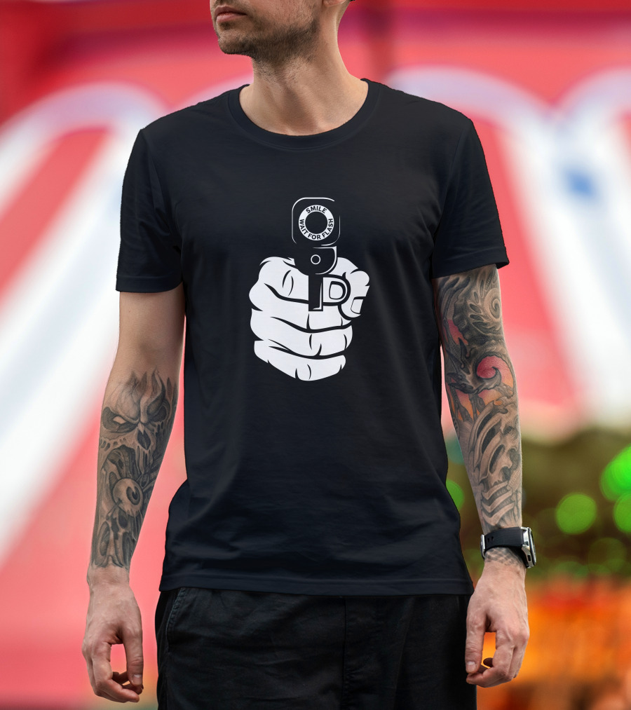 Smile Wait For Flash Finger Gun Gesture T-Shirt