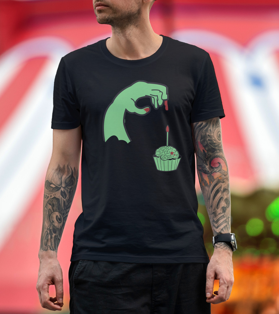 Zombie Hand Candle with Brain Cupcake Brainday T-Shirt