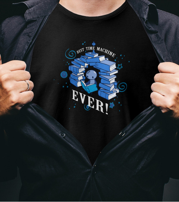 Best Time Machine Ever Blue Books And Stars Motif T-Shirt