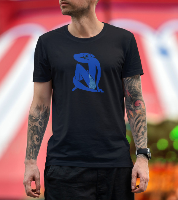 Premium T-Shirt: Blue NeverNude Sitting Figure With Sunglasses T-Shirt Blue NeverNude Sitting Figure With Sunglasses T-Shirt