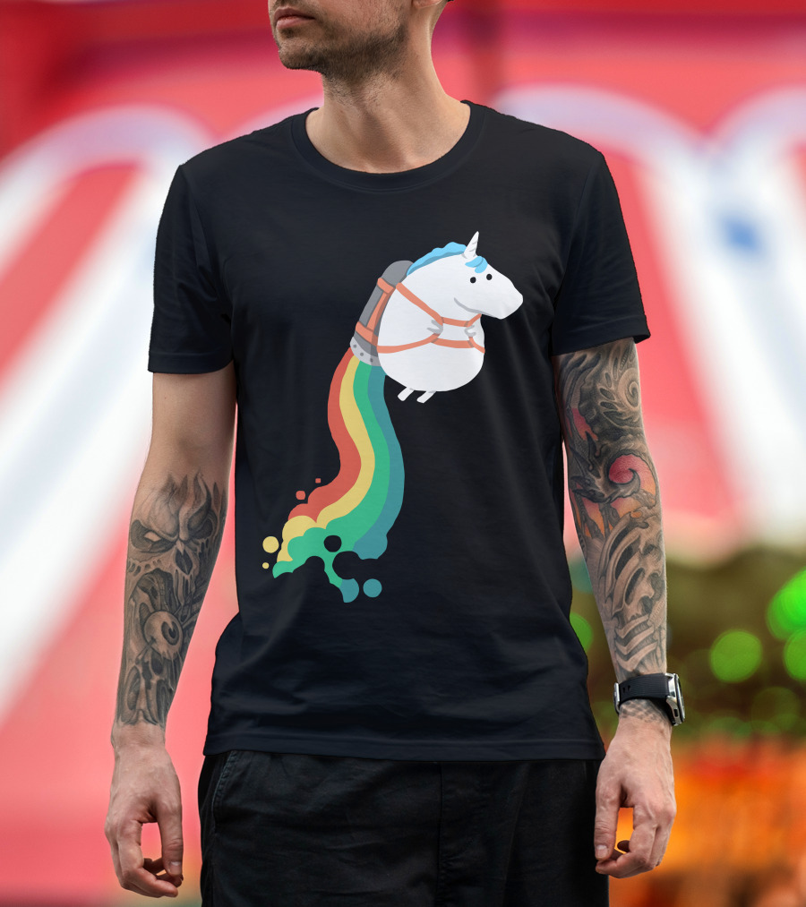 Fat Unicorn With Rainbow Jetpack Flight T-Shirt