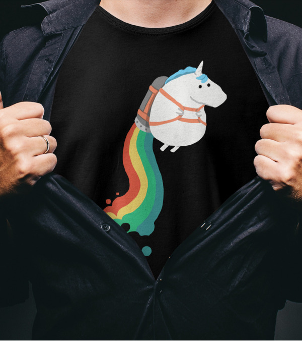 Fat Unicorn With Rainbow Jetpack Flight T-Shirt