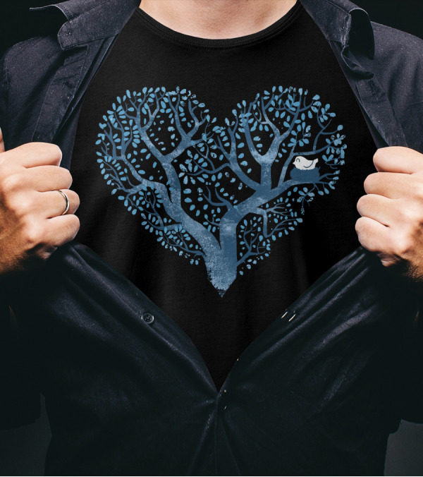 Home Is Where The Nest Is Blue Heart Tree With Bird T-Shirt
