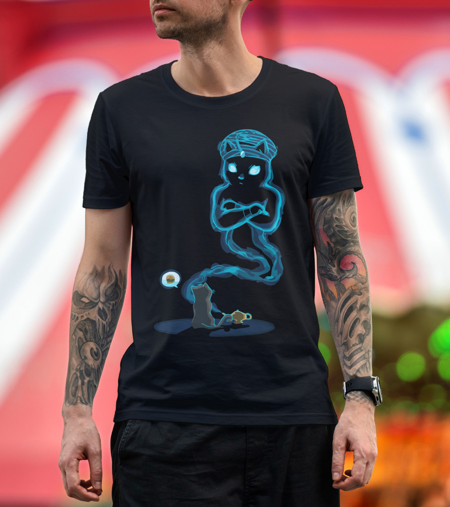 Magic Lamp Cat and Genie Fantasy Scene T-Shirt