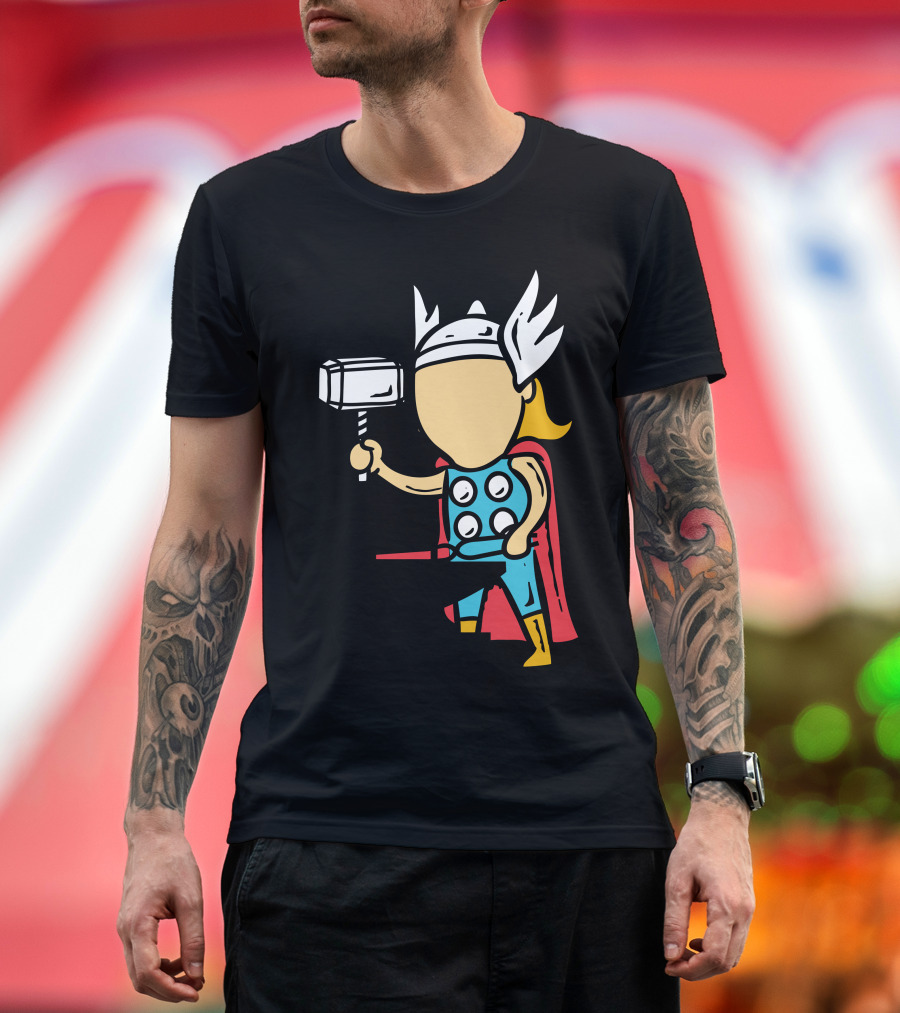 Blacksmith Thor Cartoon Hammer Wings Red Cape Blue Suit Anvil T-Shirt