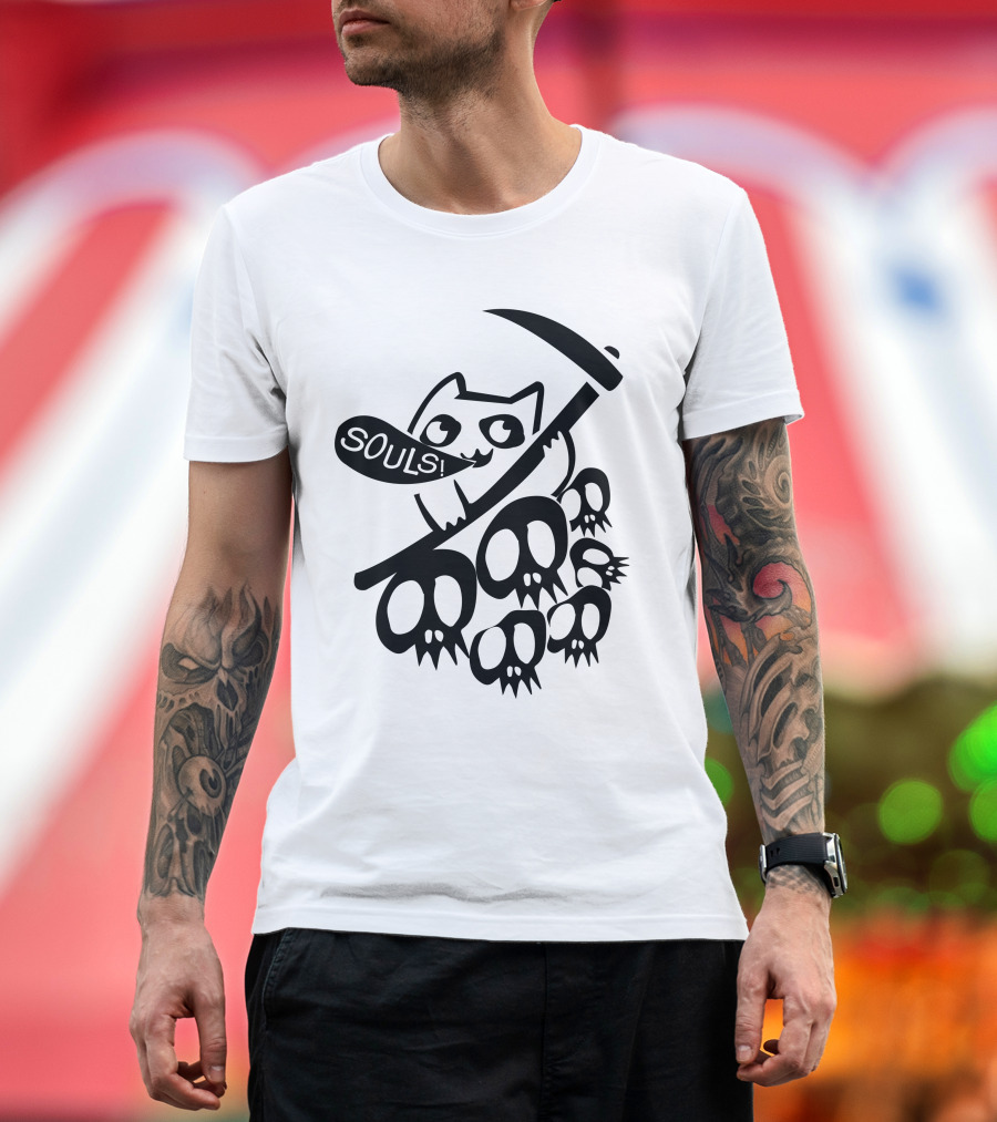 Cat Got Your Souls Iconic Grim Feline Holding Scythe with Skulls T-Shirt