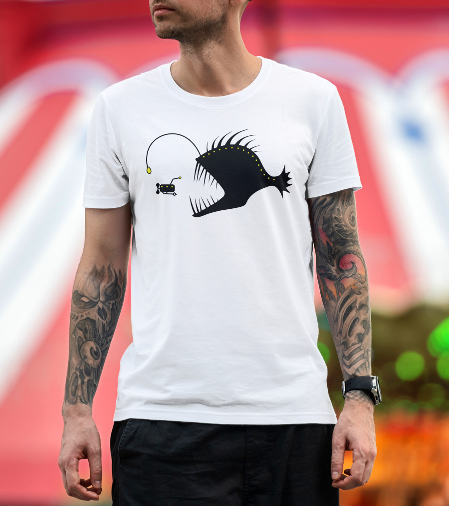 Deep Sea Exploration with Anglerfish and Submarine Encounter T-Shirt