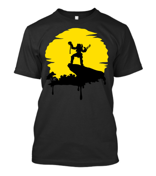Predator Silhouette Warrior Holding Skull Against Yellow Moon Backdrop T-Shirt