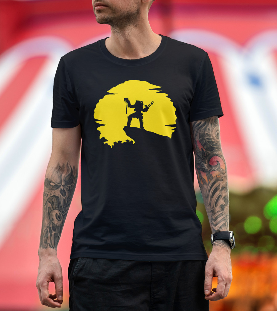 Predator Silhouette Warrior Holding Skull Against Yellow Moon Backdrop T-Shirt