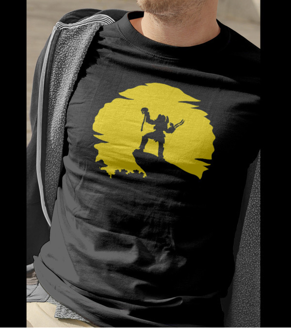 Predator Silhouette Warrior Holding Skull Against Yellow Moon Backdrop T-Shirt