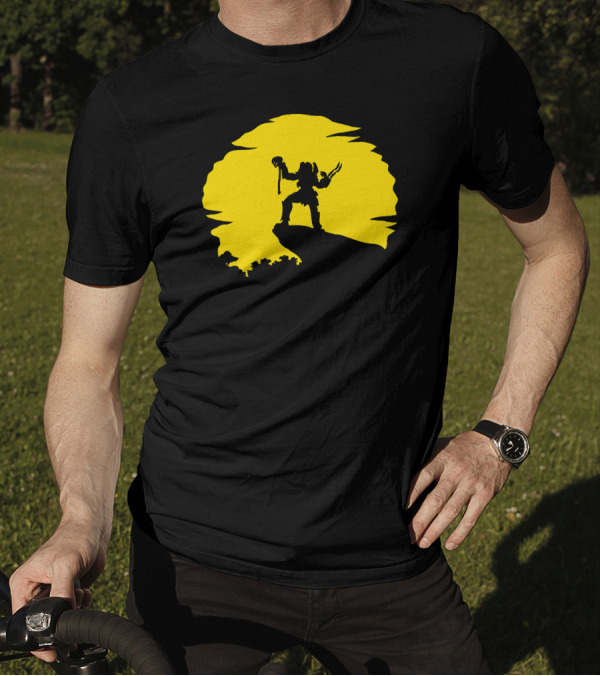 Predator Silhouette Warrior Holding Skull Against Yellow Moon Backdrop T-Shirt