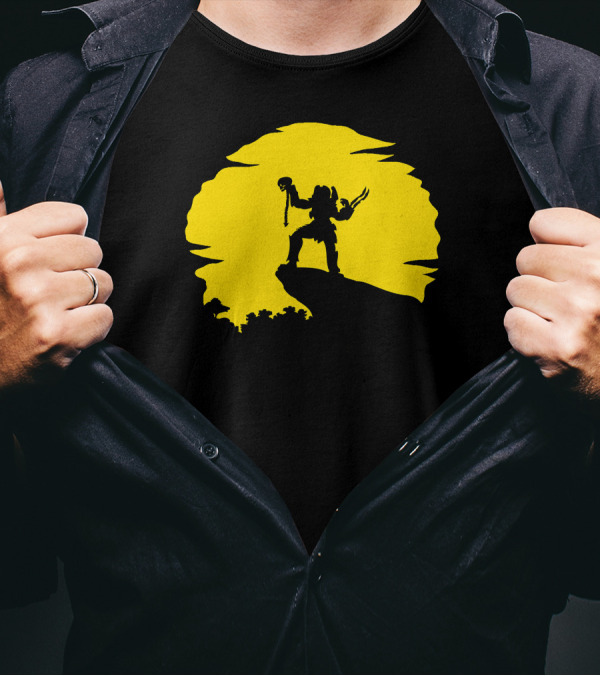 Predator Silhouette Warrior Holding Skull Against Yellow Moon Backdrop T-Shirt