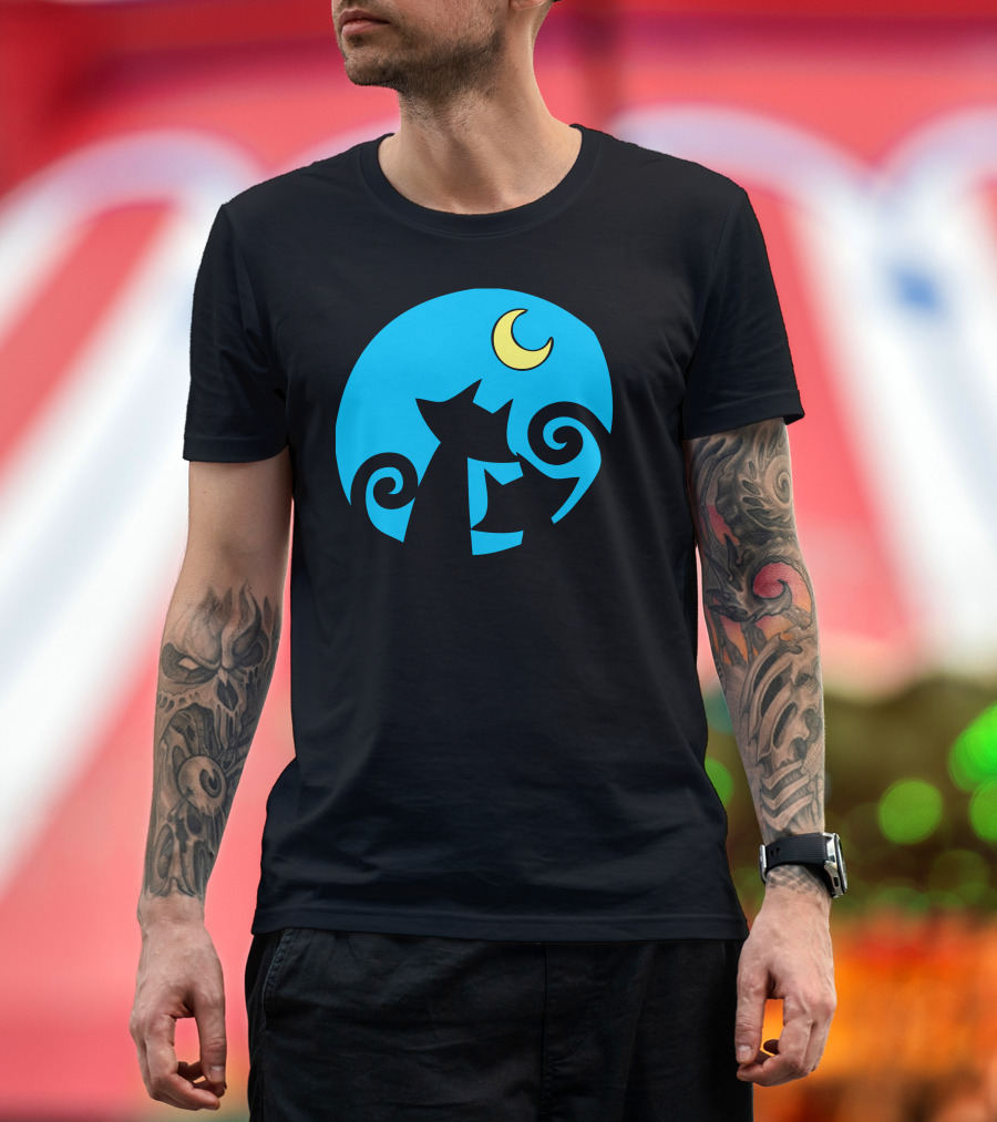 Cat In Love Under Crescent Moon Night T-Shirt
