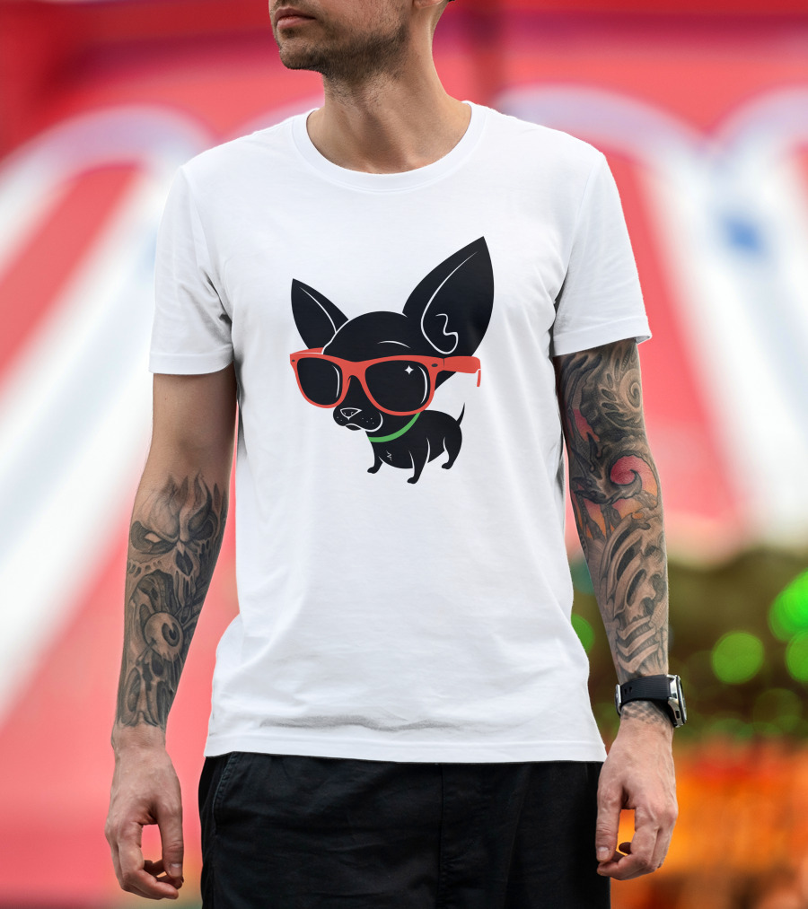 Julio the Chihuahua in Red Sunglasses and Neon Collar T-Shirt