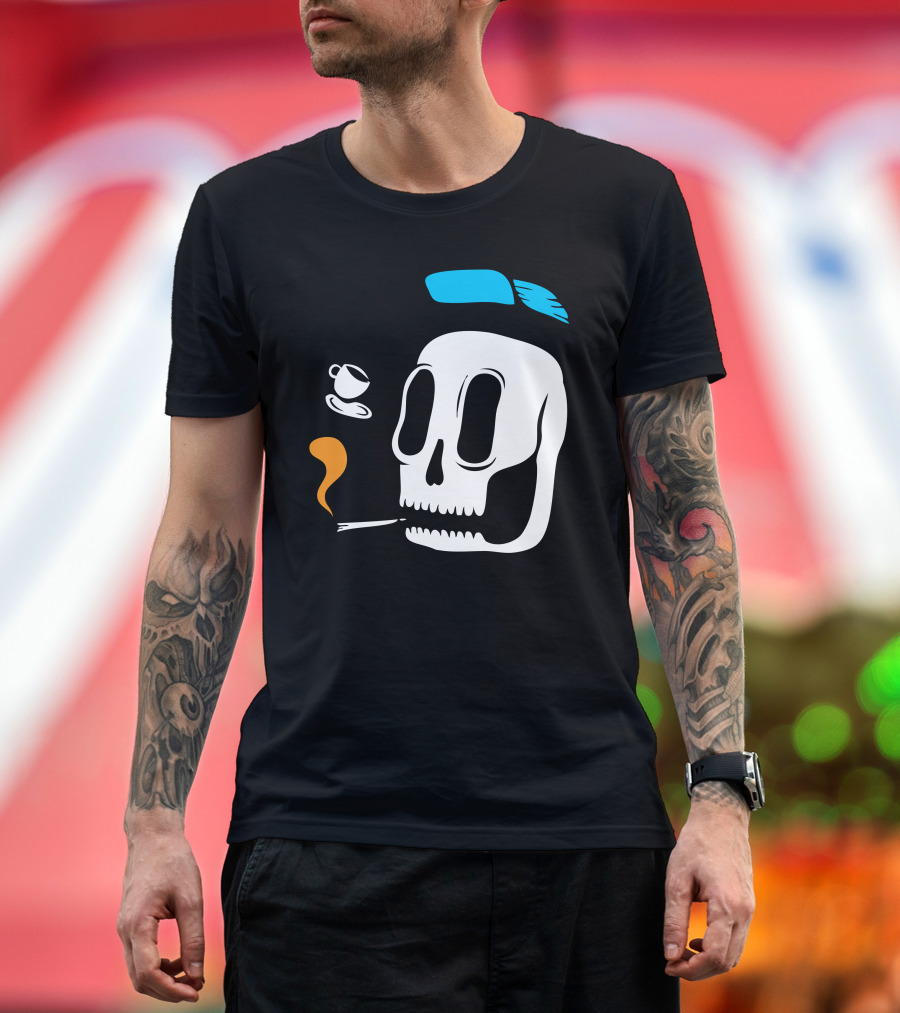 Join Coffee Skull Smoking with Floating Cup and Blue Cap T-Shirt