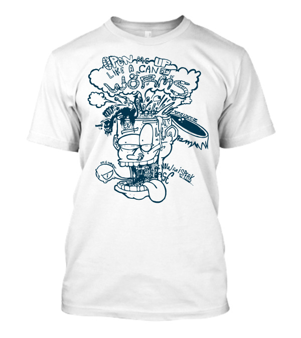 Open Me Up Like A Can Of Worms Cartoon Character Exploding Head Blue Doodle T-Shirt