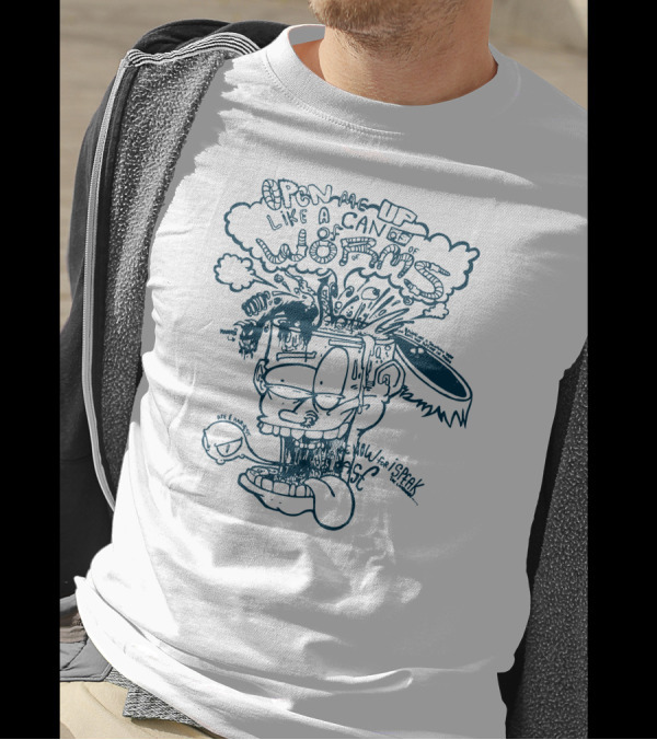 Open Me Up Like A Can Of Worms Cartoon Character Exploding Head Blue Doodle T-Shirt