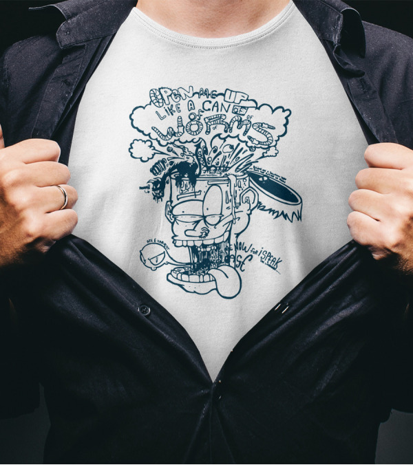 Open Me Up Like A Can Of Worms Cartoon Character Exploding Head Blue Doodle T-Shirt