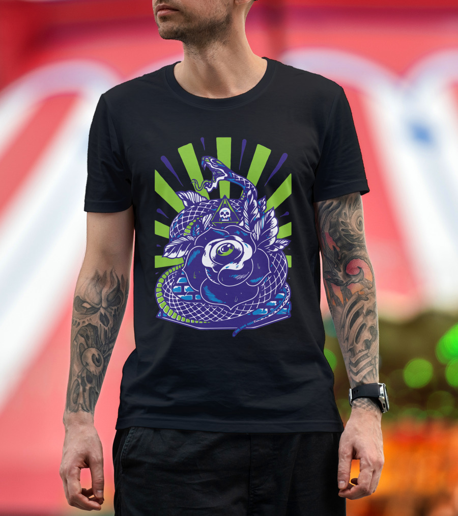 Snake N Rose Skull Pyramid Graphic Botanical Reptile T-Shirt