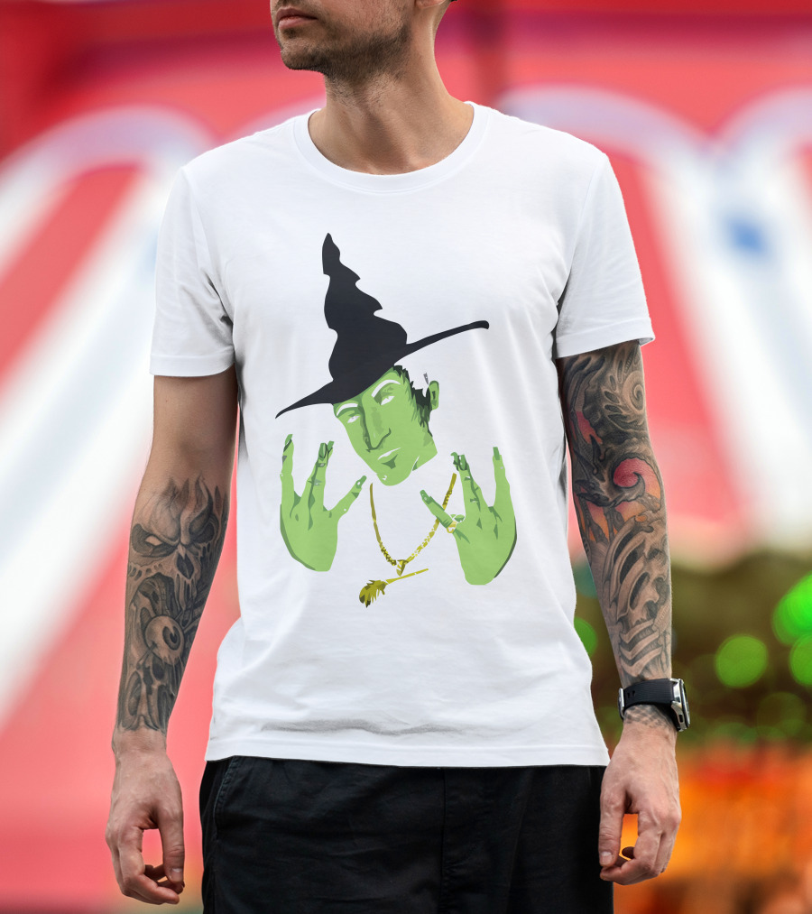 Westside Witch Green Face Gold Chain Black Hat Hand Sign Smoking T-Shirt