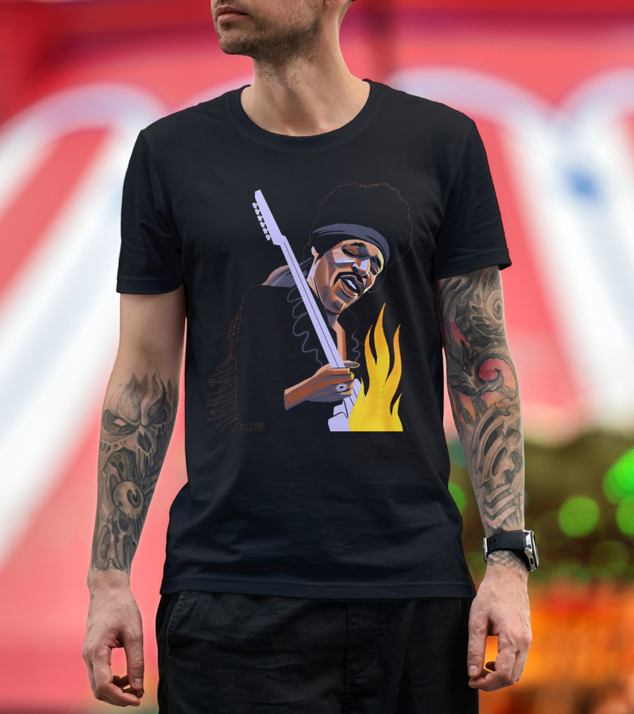 Jimi Hendrix Playing Guitar with Flames T-Shirt