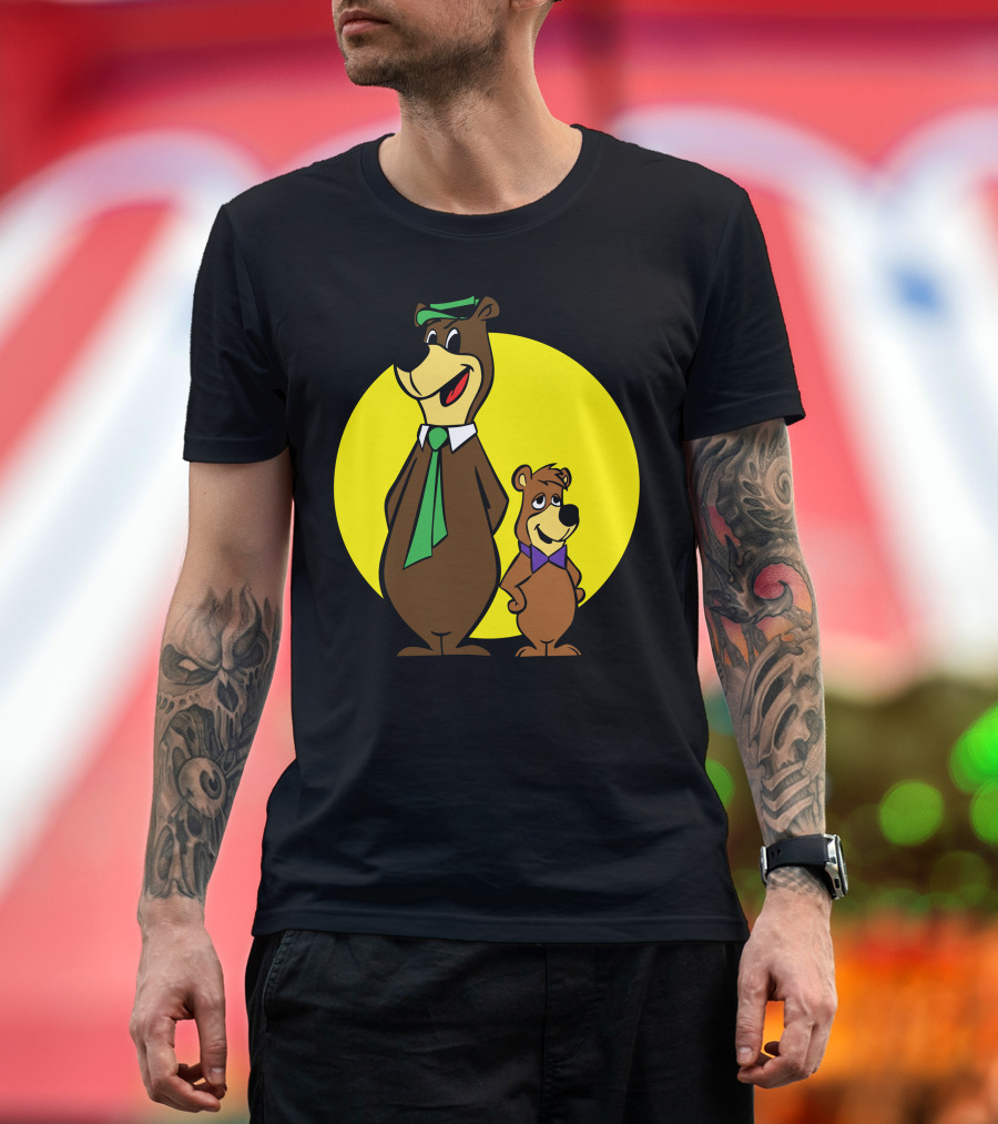Yogi Bear and Boo Boo Cartoon Characters in Front of Yellow Circle T-Shirt