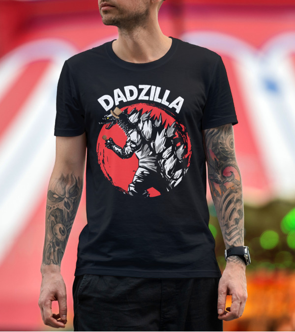 Premium T-Shirt: Dadzilla Kaiju Monster Holding Beer with Red Sun Background T-Shirt Dadzilla Kaiju Monster Holding Beer with Red Sun Background T-Shirt