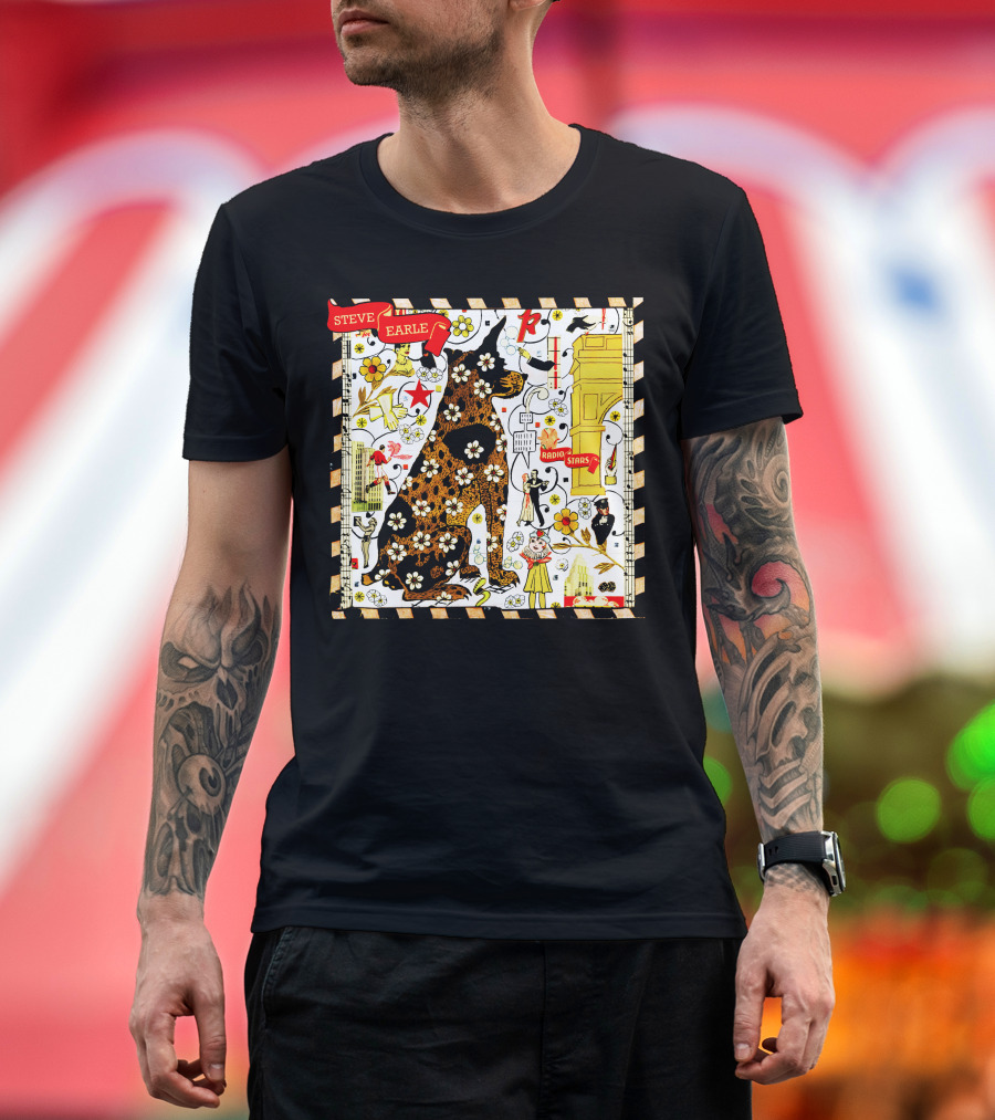 Steve Earle Radio Stars Retro Floral Cat T-Shirt