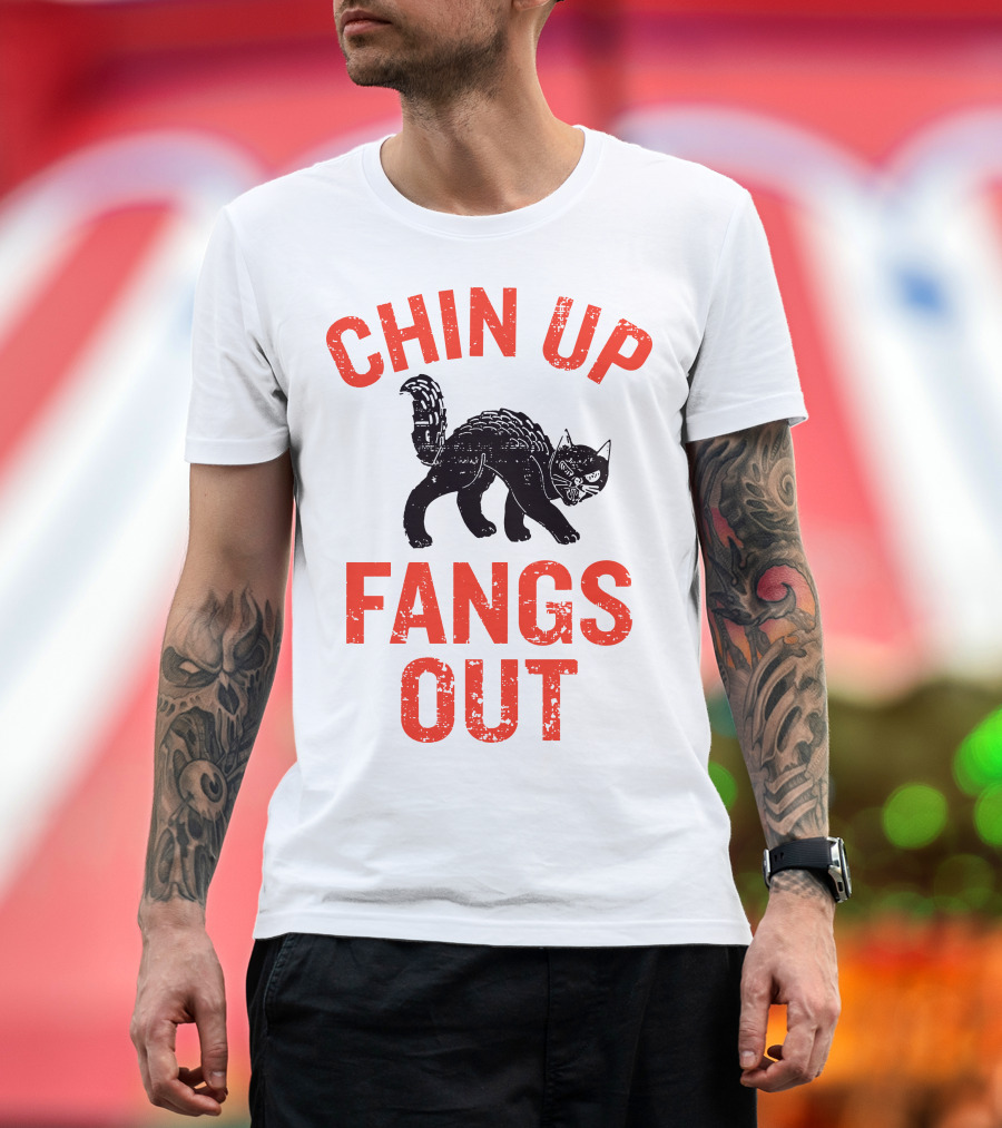 Chin Up Fangs Out Black Cat Arched Back Halloween Fun T-Shirt