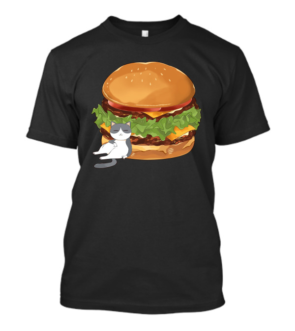 Double Cheese Burger With Relaxed Fat Gray Cat T-Shirt