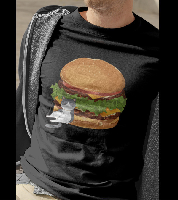 Double Cheese Burger With Relaxed Fat Gray Cat T-Shirt