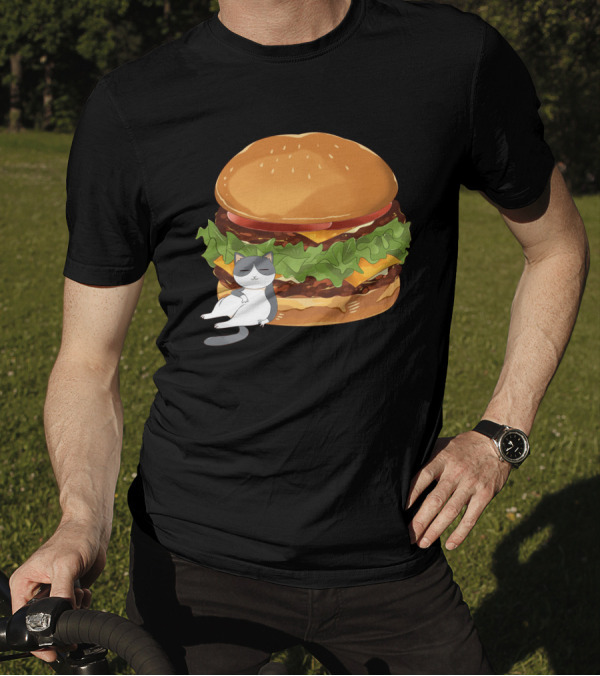 Double Cheese Burger With Relaxed Fat Gray Cat T-Shirt