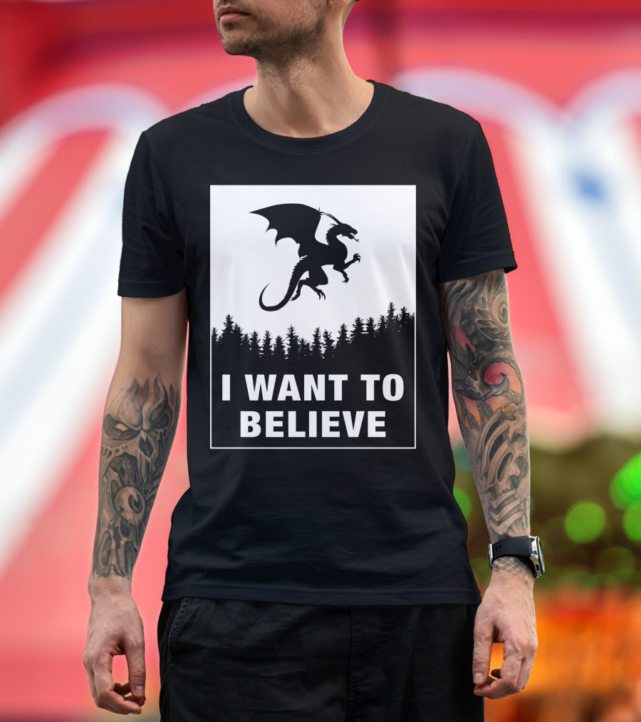 I Want To Believe Dungeons And Dragons Forest Silhouette Dragon Appeal T-Shirt