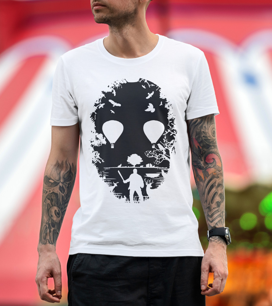 Crystal Lake Jason Mask Forest Silhouette with Hot Air Balloons T-Shirt