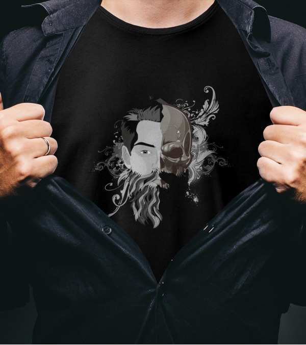 Live By The Beard Die By The Beard Half Skull Half Bearded Face T-Shirt