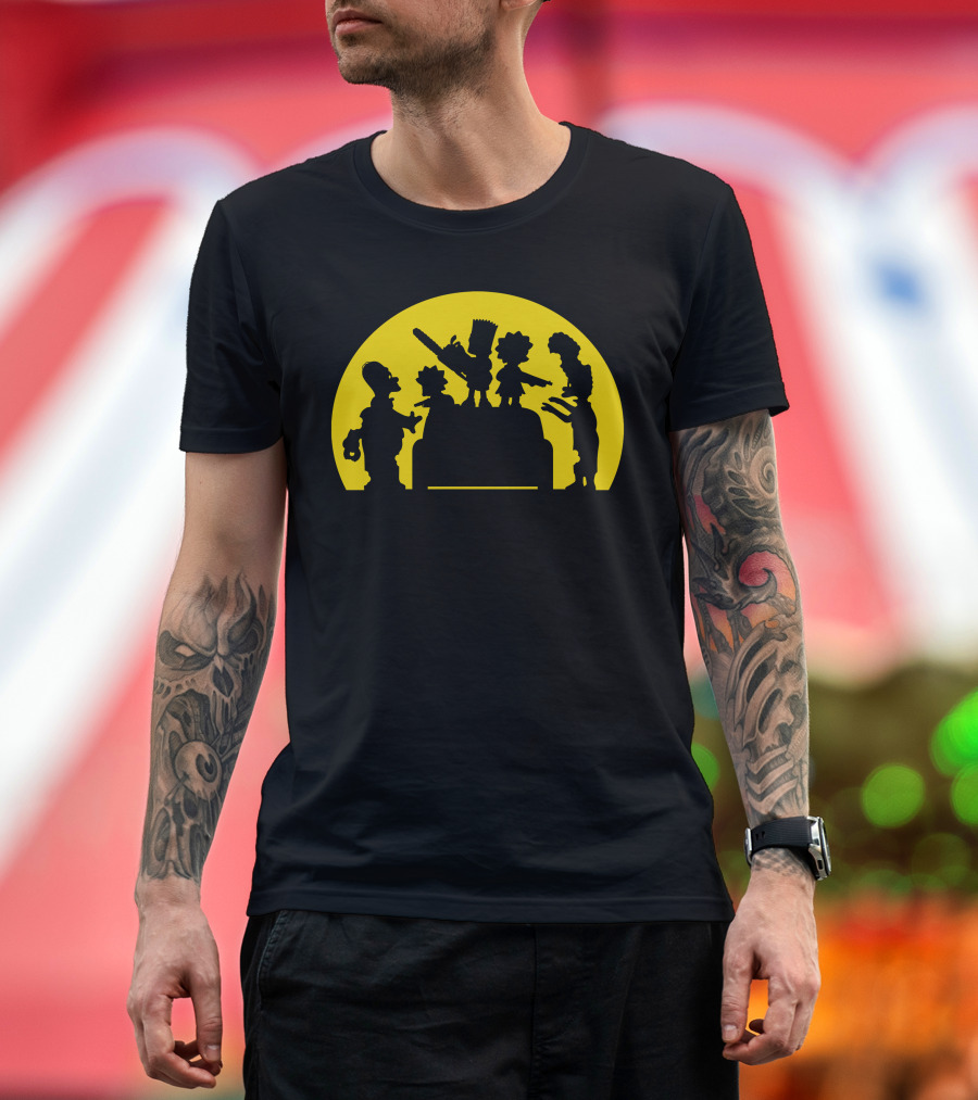 Doh Zombies Bart Chainsaw Silhouette Against Yellow Circle T-Shirt