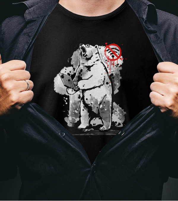 No Internet Connection Angry Bear Roaring With Laptop And Red Signal T-Shirt